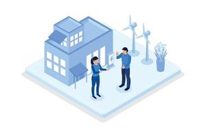 Modern Eco Private House with Windmills and Solar Energy Panels, Electric Car near Charging Station, Green Industrial Factory with Renewable Energy, isometric vector modern illustration