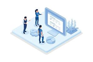 People Characters Analyzing Charts, Graphs, Planning Business Strategy and Managing Data on Laptop and Smartphone. Business Intelligence and Analysis Concept, isometric vector modern illustration