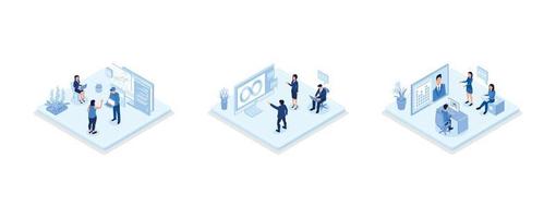 Technical support teams working together to build an engineering system. Software development and it operations concept, set isometric vector illustration