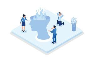 Characters trying to solve mentality problems and fighting against emotional burnout. Psychotherapy concept, isometric vector modern illustration