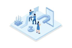 Characters integrating with audience on social media platform, offering discount and using marketing strategy to increase followers, isometric vector modern illustration