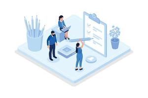 Planning schedule, Characters writing notes, Daily planning concept., isometric vector modern illustration