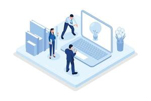 Characters educating online with laptop, smartphone and improving their skills. Self learning, online education and personal growth concept, isometric vector modern illustration