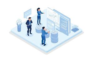 Characters analyzing stock market data and planning investment strategy. People examining financial graphs, charts and diagrams. Stock trading concept, isometric vector modern illustration