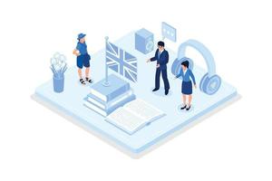 Characters learning English language, Student studying with book and practicing reading, isometric vector modern illustration