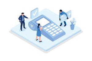 Characters safety paying with credit card online on smartphone, laptop and contactless on terminal. Electronic money security concept, isometric vector modern illustration