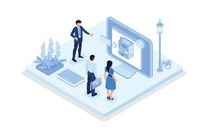 Characters searching and choosing apartment or house for renting or buying. Property market concept, isometric vector modern illustration