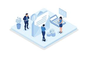 Characters having financial problems, debts and loans. People holding long bill, reading letter from collection agency and carrying debt, isometric vector modern illustration