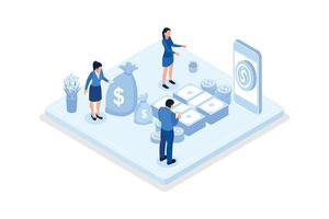 Characters saving money and analyzing financial report, Financial management, isometric vector modern illustration