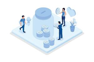 Volunteers putting coins in donation box and donating with credit card online. Financial support and fundraising concept, isometric vector modern illustration