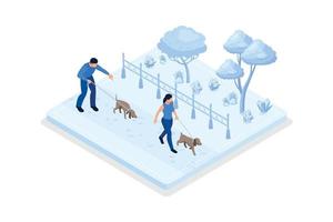 Pet owners and volunteer, Character walking with dogs, isometric vector modern illustration