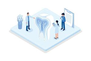 médico dentista y personal médico que se ocupa de los dientes. limpieza dental profesional, tratamiento e higiene bucal. concepto de seguro dental de salud, ilustración moderna de vector isométrico