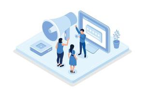 Characters integrating with audience on social media platform and using marketing strategy to increase followers, isometric vector modern illustration