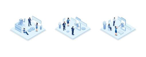 Customers having dialog with chatbot on smartphones. Characters chatting with robot, asking questions and receiving answers. AI assistant support and FAQ concept, set isometric vector illustration