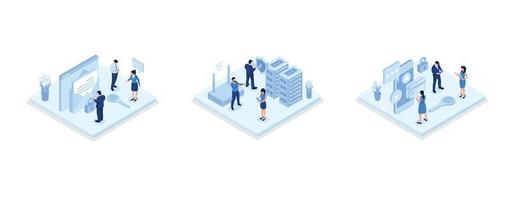Characters using Cyber Security Services to Protect Personal Data. Online Payment Security, Cloud Shared Documents, Server Security and Data Protection Concept., set isometric vector illustration