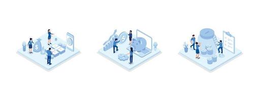 Characters saving money and analyzing financial report. People managing personal finance. Money savings and deposit growth concept, set isometric vector illustration