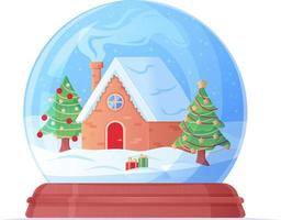 Snow globe with cozy home and christmas tree cartoon illustration. vector