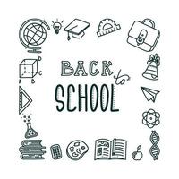 Back to school square banner. Hand drawn objects for students and pupils. Vector illustration