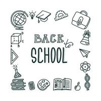 Back to school square banner. Hand drawn objects for students and pupils. Vector illustration