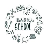 Back to school round banner. Hand drawn objects needed in school. Vector illustration in doodle style