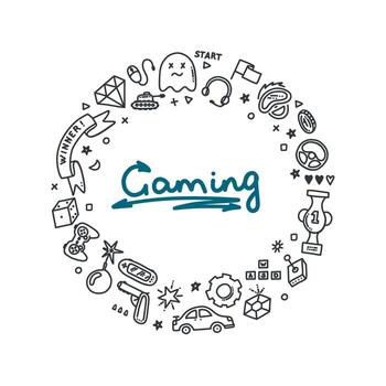 Gaming doodle set. Virtual reality, computers, game genres and related objects. Vector illustration