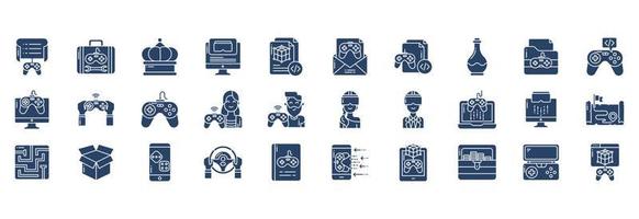 Collection of icons related to Game Development, including icons like Briefcase, Gamepad, Crown, Desktop and more. vector illustrations, Pixel Perfect set