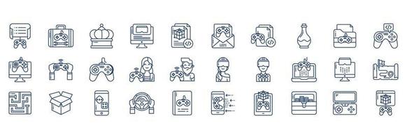 Collection of icons related to Game Development, including icons like Briefcase, Gamepad, Crown, Desktop and more. vector illustrations, Pixel Perfect set