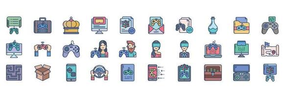 Collection of icons related to Game Development, including icons like Briefcase, Gamepad, Crown, Desktop and more. vector illustrations, Pixel Perfect set