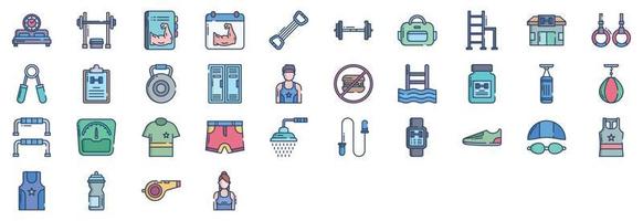 Collection of icons related to Gym and exercise, including icons like Bench Press, Chest Expander, Dumbbell, Gym Bag and more. vector illustrations, Pixel Perfect set