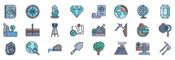 Collection of icons related to Geography, including icons like Book, Compass, Crystal, Dimond and more. vector illustrations, Pixel Perfect set
