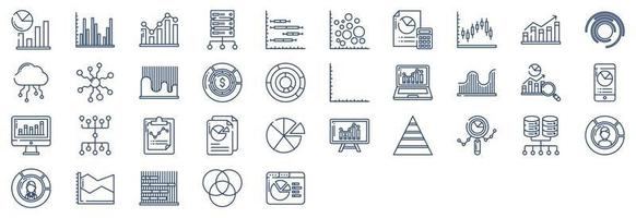 Collection of icons related to Graph and Data Analytics, including icons like Bar chart, Big Data, Calculator, Diagram and more. vector illustrations, Pixel Perfect set