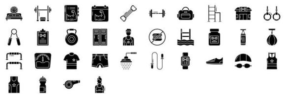 Collection of icons related to Gym and exercise, including icons like Bench Press, Chest Expander, Dumbbell, Gym Bag and more. vector illustrations, Pixel Perfect set