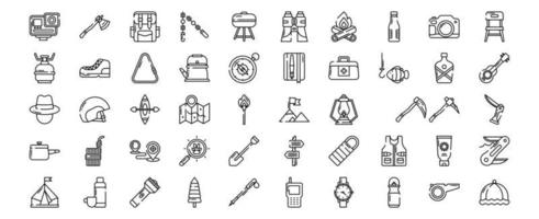 Collection of icons related to Hiking and trekking, including icons like Action Camera, Backpack, Bbq, Binoculars and more. vector illustrations, Pixel Perfect set