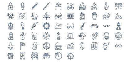 Collection of icons related to Hippie, including icons like Bag, Baseball, Peace, Bicycle, Bikini and more. vector illustrations, Pixel Perfect set