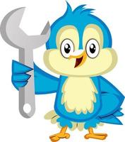 Blue bird is holding a monkey wrench, illustration, vector on white background.