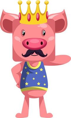 Pig is king, illustration, vector on white background.