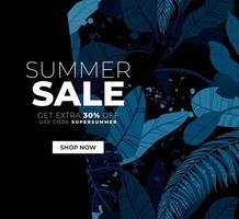 Dark vector summer design with exotic palm leaves and space for text. Sale offer template, banner of flyer background. Tropical backdrop illustration.