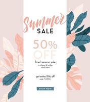 Delicate pale vector summer design with exotic palm leaves and space for text. Sale offer template, banner of flyer background. Tropical backdrop illustration.