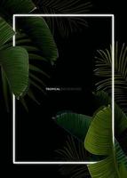 Dark tropical summer design with banana palm leaves, glowing frame and space for text. Vector flyer, banner or card template. Summer vector background.
