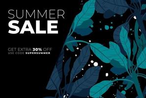 Dark vector summer design with exotic palm leaves and space for text. Sale offer template, banner of flyer background. Tropical backdrop illustration.