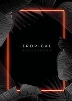 Dark monochrome tropical design with exotic banana leaves, soft neon frames and space for text. Vector summer template for poster, banner, card or flyer.