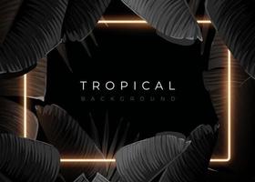 Dark monochrome tropical design with exotic banana leaves, soft neon frames and space for text. Vector summer template for poster, banner, card or flyer.