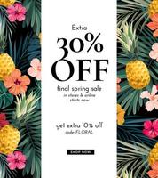 Dark vector summer design with exotic palm leaves, hibiscus flowers, pineapples and space for text. Sale offer template, banner of flyer background. Tropical backdrop illustration.