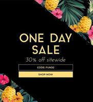 Dark vector summer design with exotic palm leaves, hibiscus flowers, pineapples and space for text. Sale offer template, banner of flyer background. Tropical backdrop illustration.