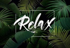 Dark tropical summer design with banana palm leaves, glowing frame and space for text. Vector flyer, banner or card template. Summer vector background.