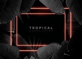 Dark monochrome tropical design with exotic banana leaves, soft neon frames and space for text. Vector summer template for poster, banner, card or flyer.