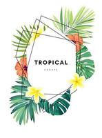 fondo de verano tropical con hojas de palma, flores y piñas. vector