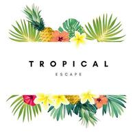 Tropical summer background with palm leaves, flowers and pineapples. vector