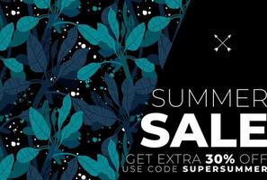 Dark vector summer design with exotic palm leaves and space for text. Sale offer template, banner of flyer background. Tropical backdrop illustration.