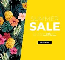 Dark vector summer design with exotic palm leaves, hibiscus flowers, pineapples and space for text. Sale offer template, banner of flyer background. Tropical backdrop illustration.